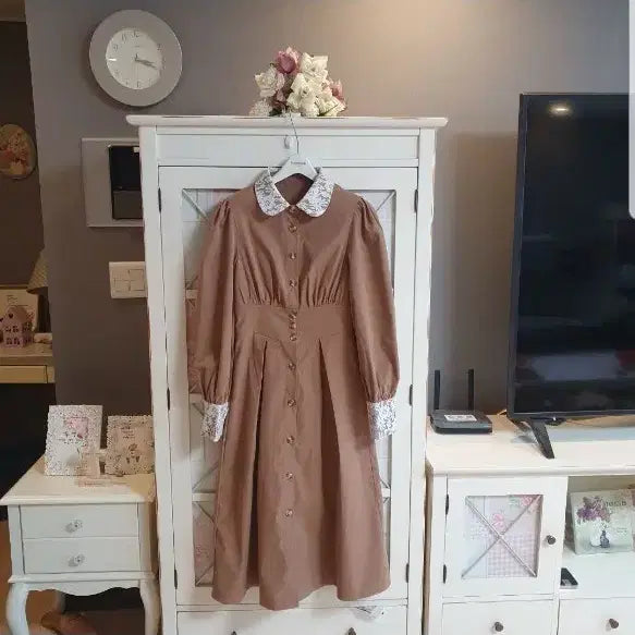 [BUNJANG] Lace Collar Brown Long Dress - Size 55 / 레이스 카라 브라운 롱원피스/55 새상품