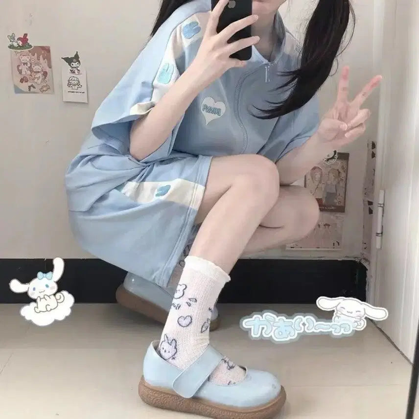 [BUNJANG] Subculture Heart Embroidery Half Zip-Up Training Set (2 Colors) / 서브컬처 하트 자수 반팔 집업 트레이닝복 세트(2컬러)
