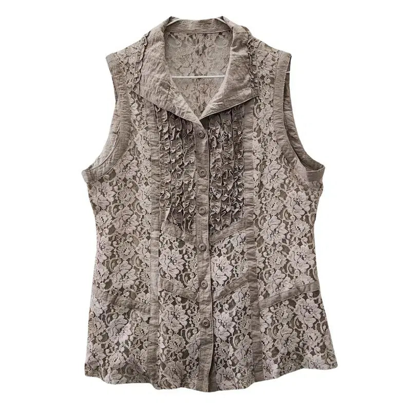 [BUNJANG] Vintage Maxi Lace Frill Sleeveless Blouse M-L / 빈티지 맥시 레이스 프릴 블라우스 슬리브리스 M-L