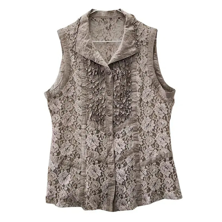 [BUNJANG] Vintage Maxi Lace Frill Sleeveless Blouse M-L / 빈티지 맥시 레이스 프릴 블라우스 슬리브리스 M-L
