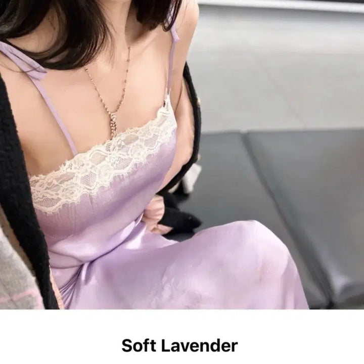 [BUNJANG] Studio Soe Lavender Lace Satin Long Dress (Size S) / studio soe 쏘님 라벤더 레이스 새틴 롱 원피스 s