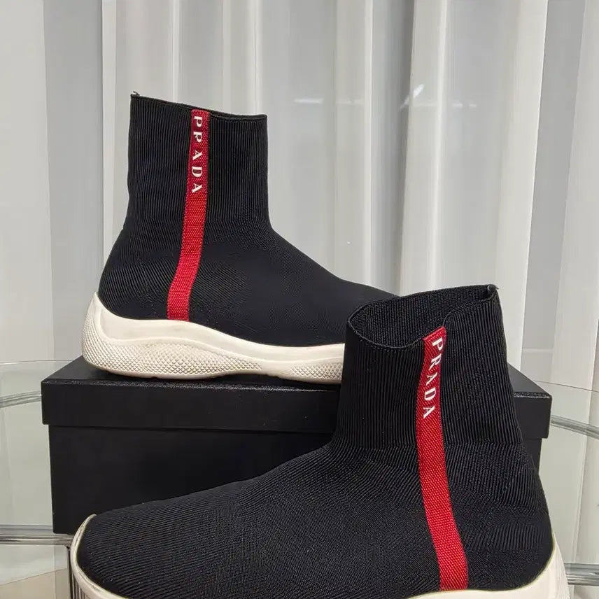 [BUNJANG] Prada Logo Knit Socks High-Top Sneakers Black Women&