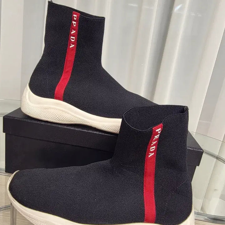 [BUNJANG] Prada Logo Knit Socks High-Top Sneakers Black Women&