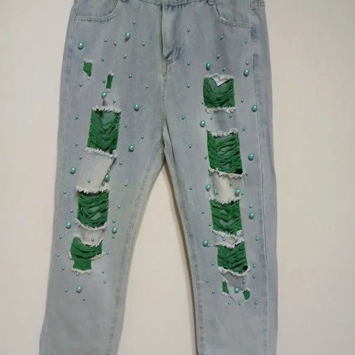 [BUNJANG] Distressed Pearl Detail Jeans / 데미지 진주 포인트 청바지 29~30