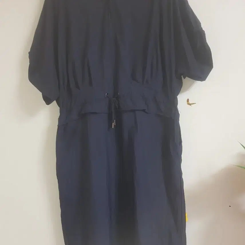 [BUNJANG] Navy Short Sleeve Hooded Long Dress with Waist String / 바스락 후드 롱 원피스(77)