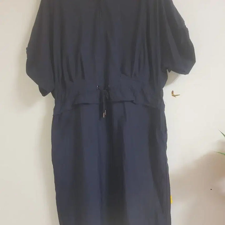 [BUNJANG] Navy Short Sleeve Hooded Long Dress with Waist String / 바스락 후드 롱 원피스(77)