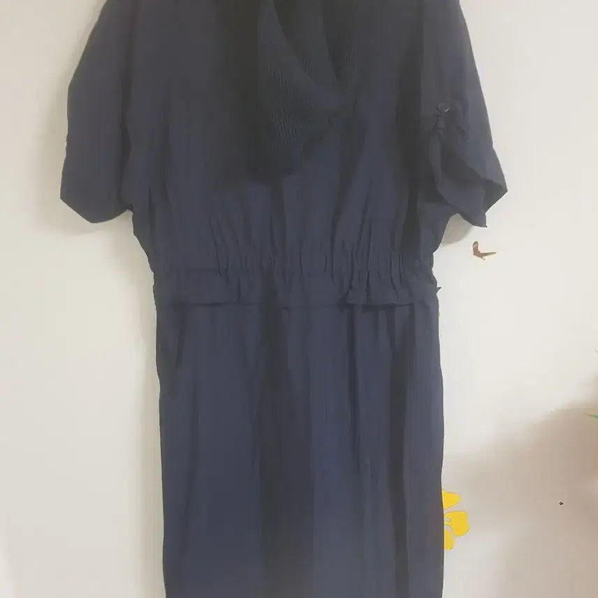 [BUNJANG] Navy Short Sleeve Hooded Long Dress with Waist String / 바스락 후드 롱 원피스(77)