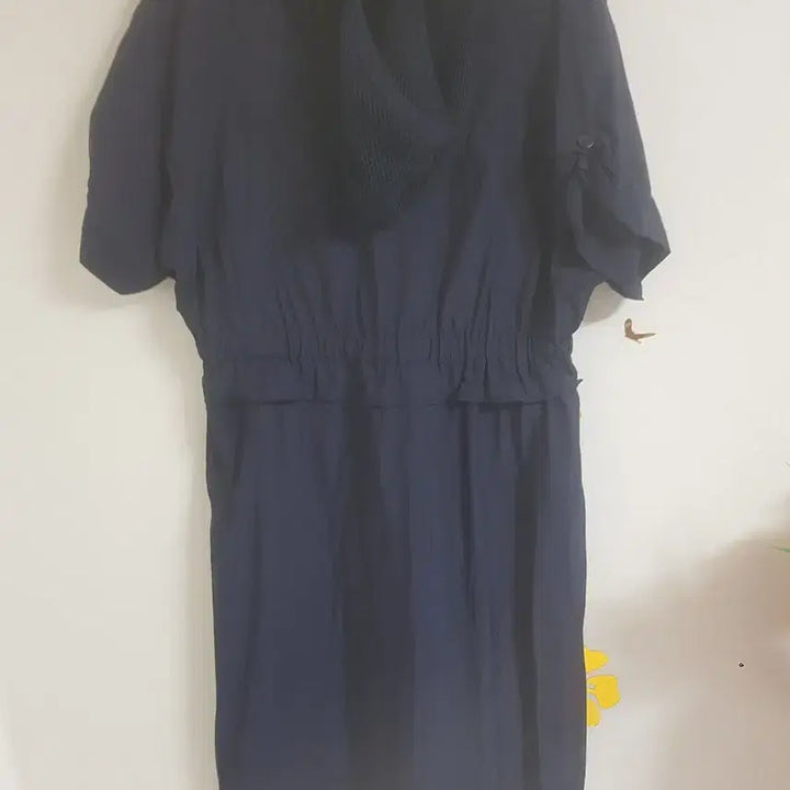 [BUNJANG] Navy Short Sleeve Hooded Long Dress with Waist String / 바스락 후드 롱 원피스(77)