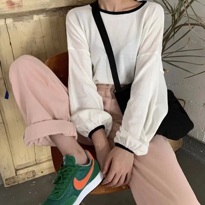 [BUNJANG] Colorblock Long Sleeve Knit T-Shirt / 배색 긴팔 니트 티셔츠