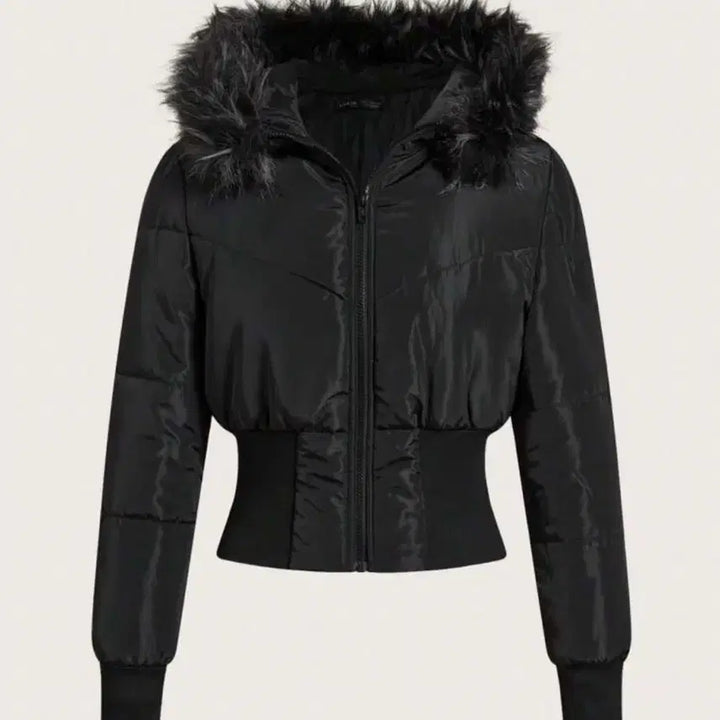 [BUNJANG] Black Faux Fur Hooded Short Padded Jacket / 블랙 퍼 후드 숏패딩