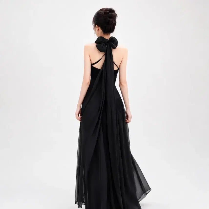 [BUNJANG] Black Halter Ribbon Backless Dress / 블랙 홀터 리본 백리스 드레스 / 셀프웨딩  포인트드레스 스냅드레스