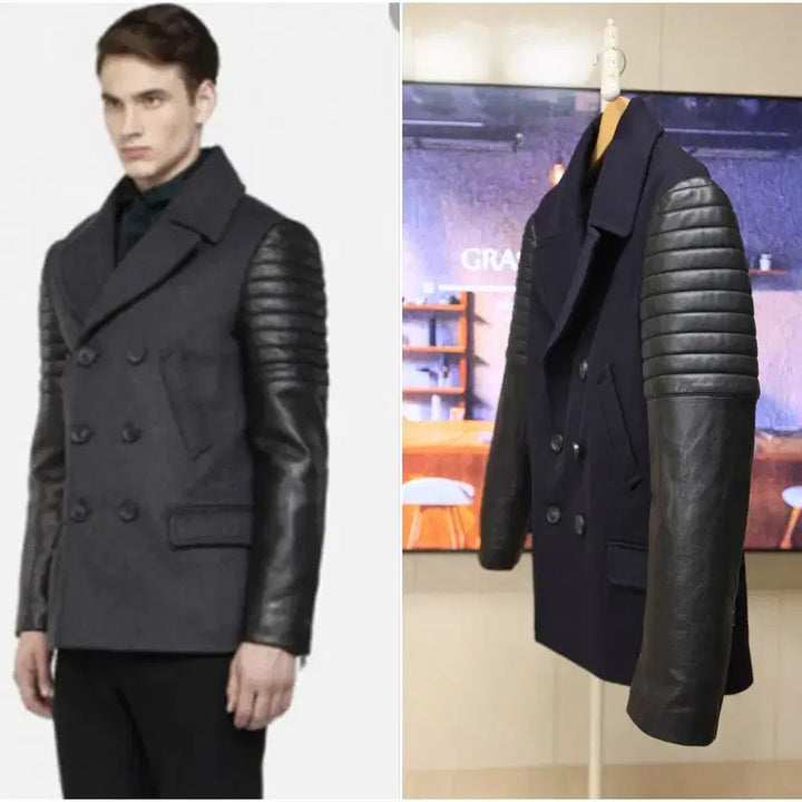 [BUNJANG] Mackage Leather Sleeve Biker Peacoat Cashmere Wool Blend / 맥케이지 Mackage  피코트 캐시미어,소가죽
