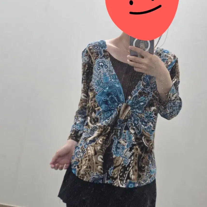 [BUNJANG] Kim &amp; Rogers Paisley Floral Print Long Sleeve Blouse / 미국빈티지)오리엔탈 에스닉 페이즐리 브라운블루 플로럴 레이어드 롱슬리브