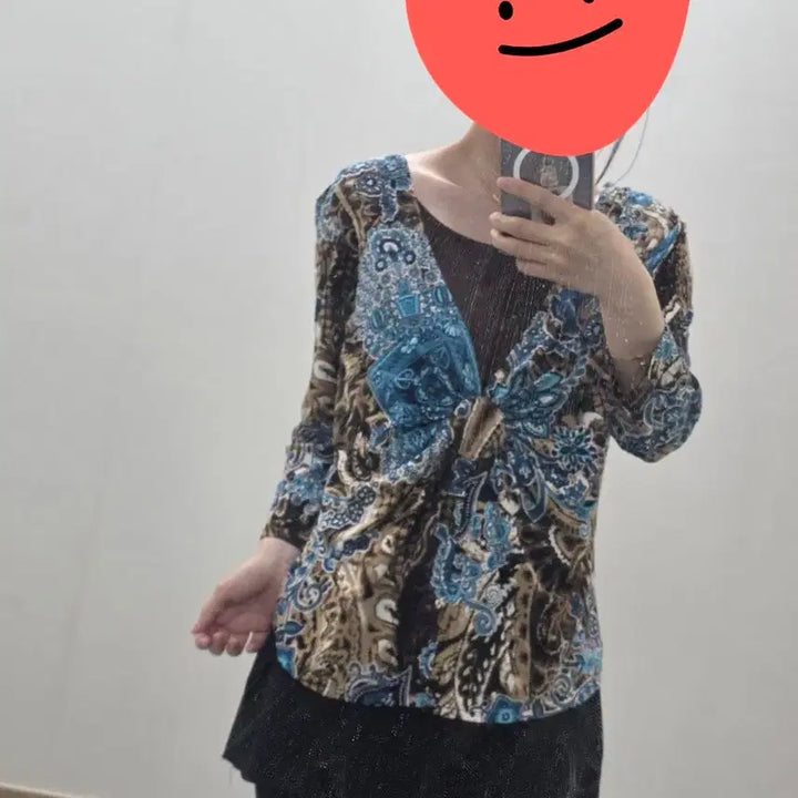[BUNJANG] Kim &amp; Rogers Paisley Floral Print Long Sleeve Blouse / 미국빈티지)오리엔탈 에스닉 페이즐리 브라운블루 플로럴 레이어드 롱슬리브