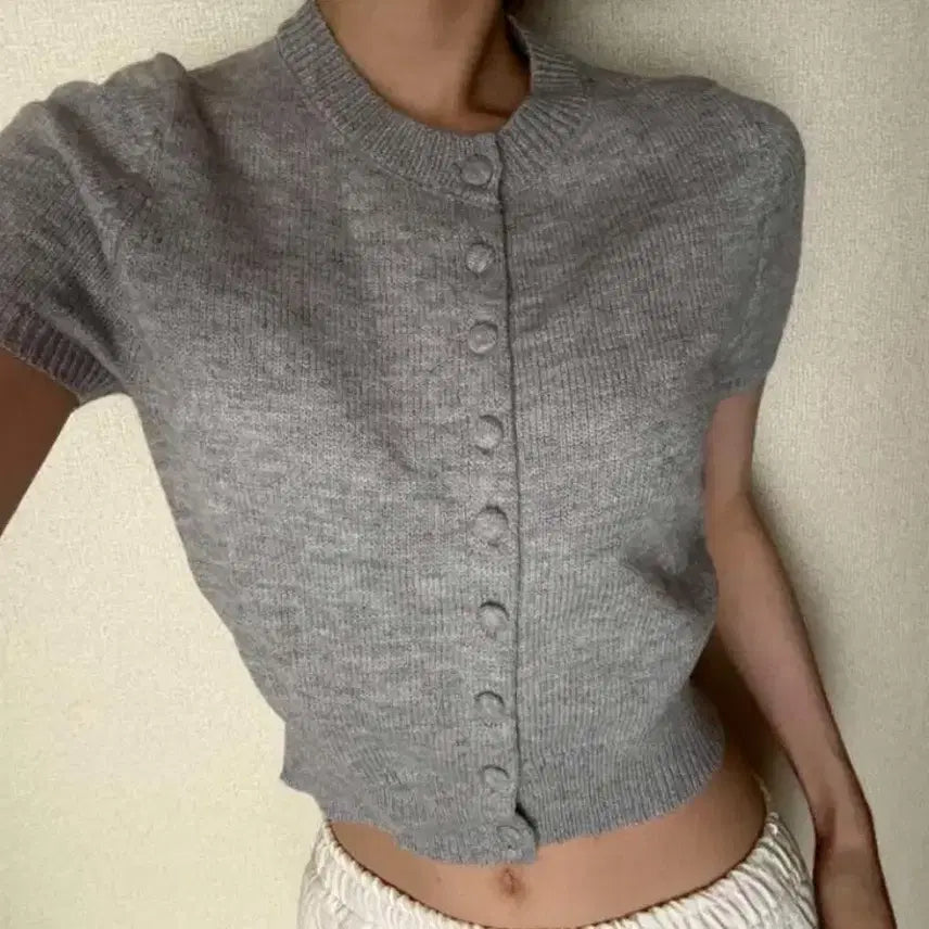 [BUNJANG] Short Sleeve Cropped Knit Cardigan (Gray, Black) / 반팔 크롭 니트 가디건(회색,블랙)