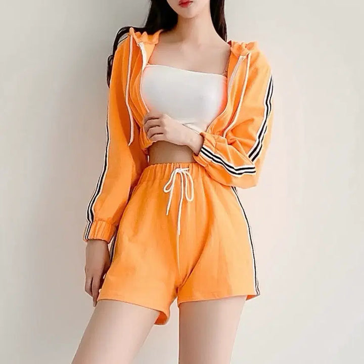[BUNJANG] Orange Cropped Zip-Up Hoodie and Shorts Set / 오렌지 크롭 후드 집업 반바지 세트