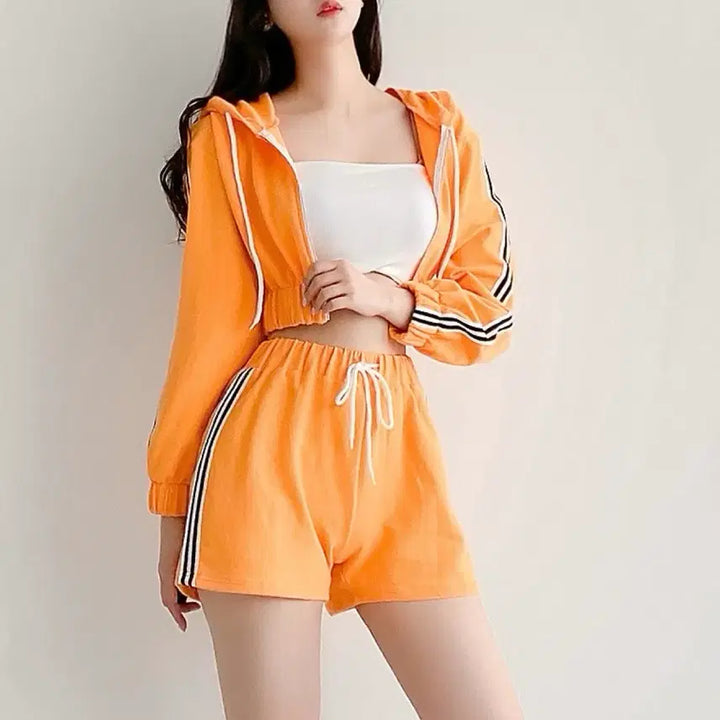 [BUNJANG] Orange Cropped Zip-Up Hoodie and Shorts Set / 오렌지 크롭 후드 집업 반바지 세트
