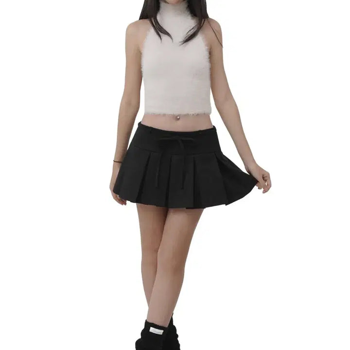 [BUNJANG] Clesir Hugging Ribbon Pleated Mini Skirt Black / 클리시어 Hugging ribbon pleated skirt, Black