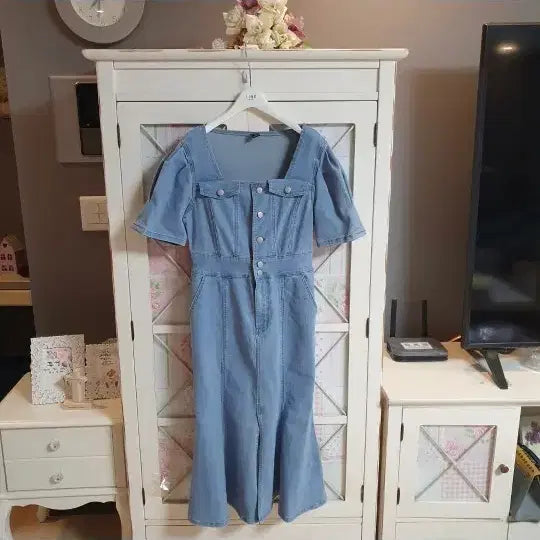 [BUNJANG] Denim Long Dress Square Neck Mermaid Line Size 55 / 데님 롱원피스/55