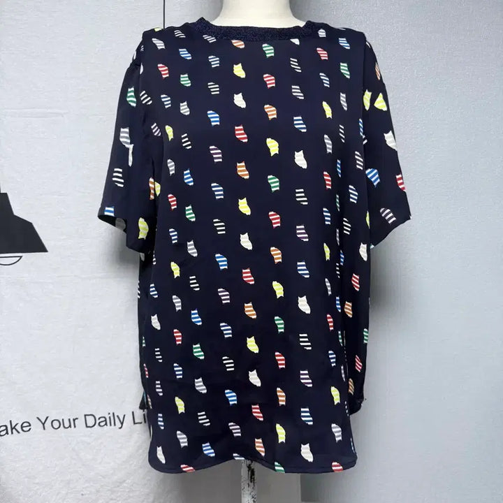 [BUNJANG] Lucky Chouette Owl Pattern Short Sleeve T-Shirt Navy / 럭키슈에뜨 여성 부엉이 패턴 반팔티셔츠 네이비 배색 리본 백포인트