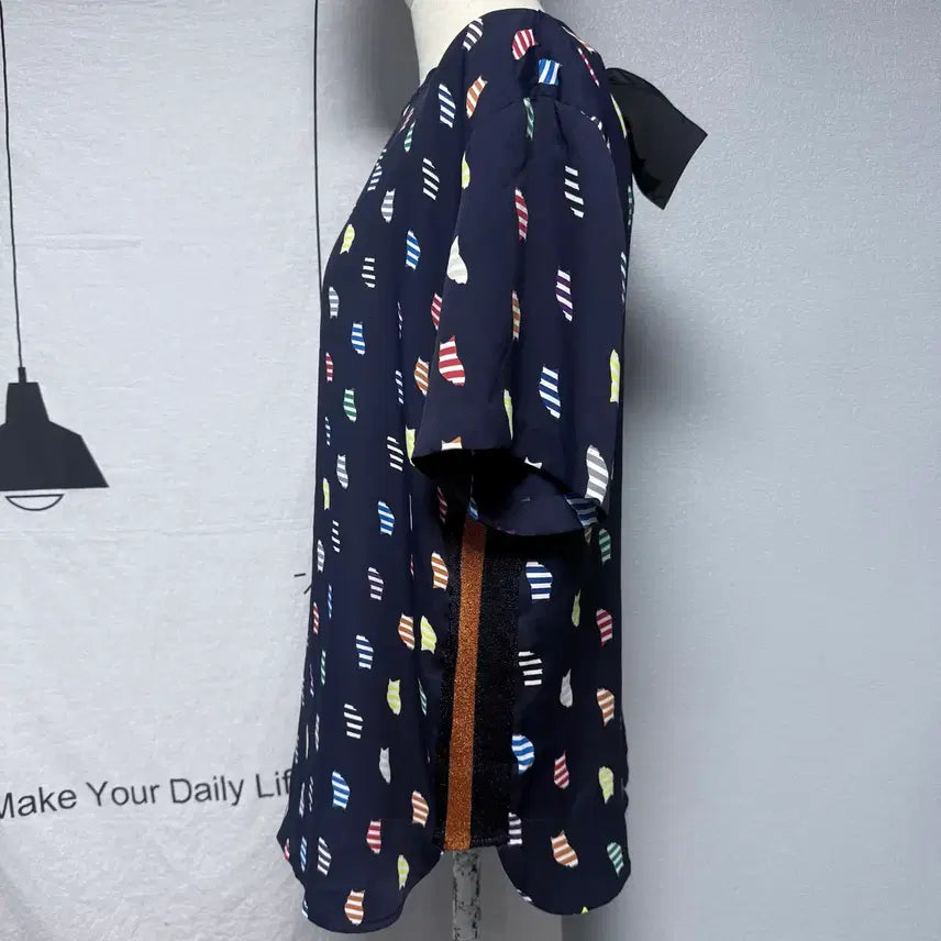 [BUNJANG] Lucky Chouette Owl Pattern Short Sleeve T-Shirt Navy / 럭키슈에뜨 여성 부엉이 패턴 반팔티셔츠 네이비 배색 리본 백포인트