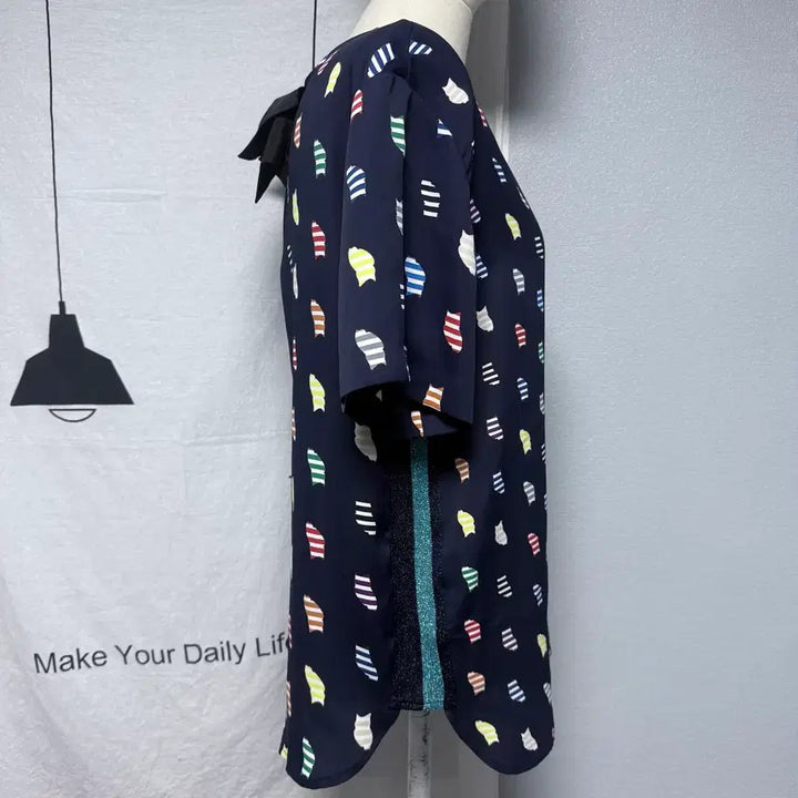 [BUNJANG] Lucky Chouette Owl Pattern Short Sleeve T-Shirt Navy / 럭키슈에뜨 여성 부엉이 패턴 반팔티셔츠 네이비 배색 리본 백포인트
