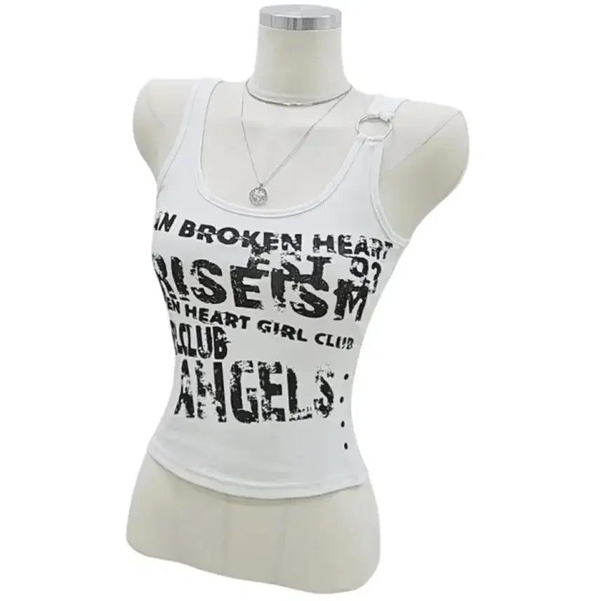 [BUNJANG] Avely Vintage Rockstar White Printing O-ring Camisole / 에이블리 빈티지 락스타 화이트 프린팅 오링 나시
