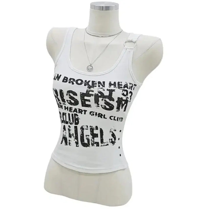 [BUNJANG] Avely Vintage Rockstar White Printing O-ring Camisole / 에이블리 빈티지 락스타 화이트 프린팅 오링 나시