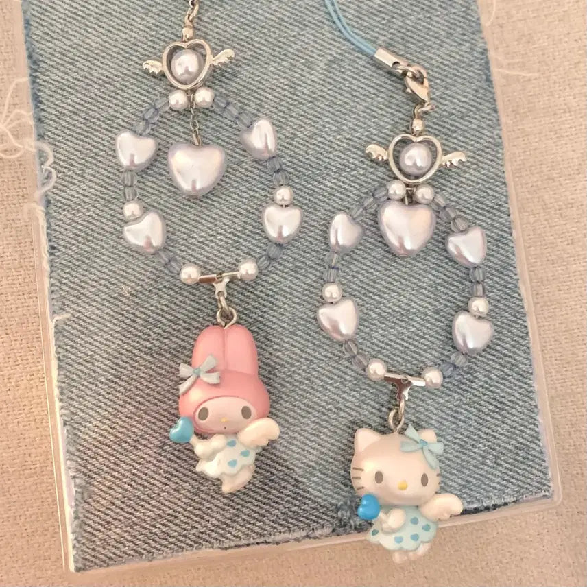 [BUNJANG] Sanrio Yumemiru Angel Baby Blue Strap Keychain Set - Hello Kitty &amp; My Melody / 일본 산리오 엔젤 유메미루 베이비블루 스트랩 키링 키티 마이멜로디 천사