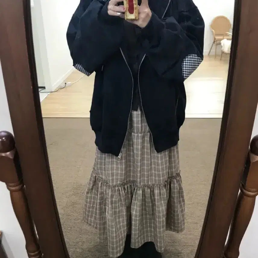[BUNJANG] Check Patch Two-Way Hoodie Zip-Up Navy / 체크 패치 투웨이 후드집업 네이비