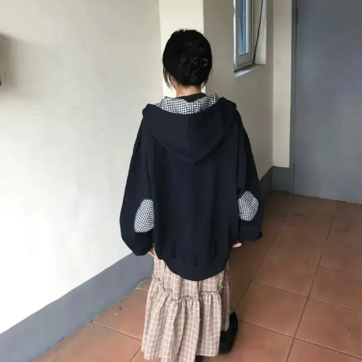 [BUNJANG] Check Patch Two-Way Hoodie Zip-Up Navy / 체크 패치 투웨이 후드집업 네이비