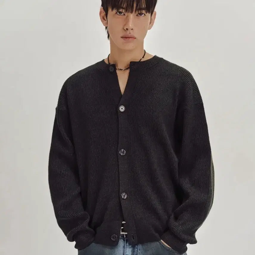 [BUNJANG] Second Monologue Ribbed Structured Roundneck Cardigan Charcoal M / 세컨모놀로그 골지 스트럭처드 라운드넥 가디건 차콜 m