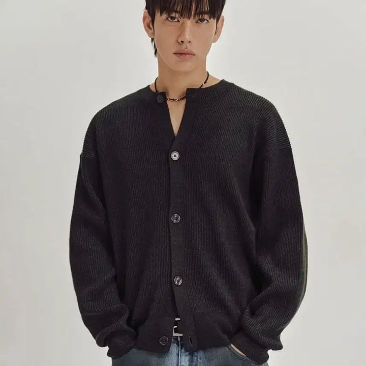 [BUNJANG] Second Monologue Ribbed Structured Roundneck Cardigan Charcoal M / 세컨모놀로그 골지 스트럭처드 라운드넥 가디건 차콜 m