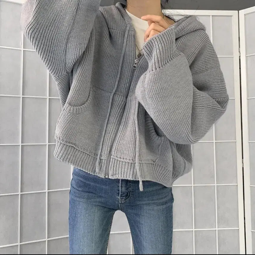 [BUNJANG] Knit Hooded Zip-Up Gray / 니트 후드 집업 그레이
