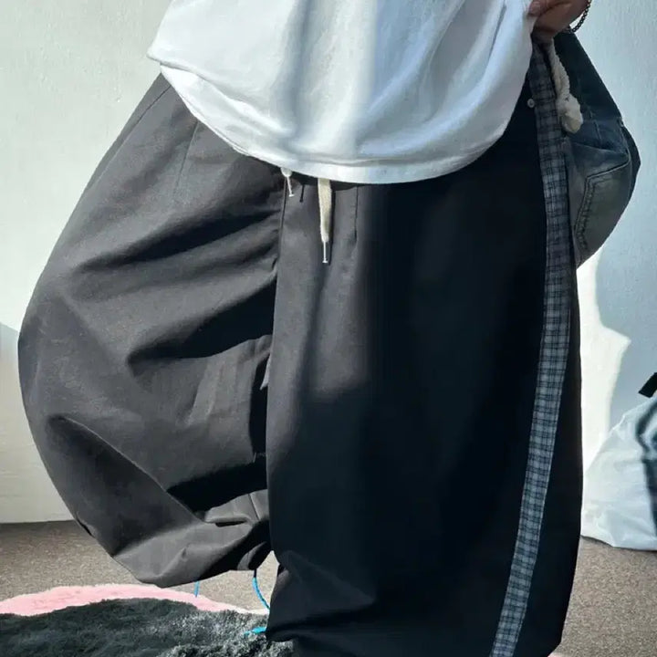 [BUNJANG] Side Check Balloon Cotton Wide Pants / 사이드 체크 벌룬 코튼 와이드 팬츠 유니섹스 바지 블랙