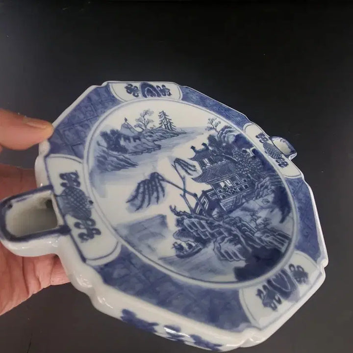 [BUNJANG] Chinese Celadon Porcelain Landscape Plate / 산수누각도 온엷판 청화백자 도자기 높이5.3cm폭 25.5cm 중국도자기