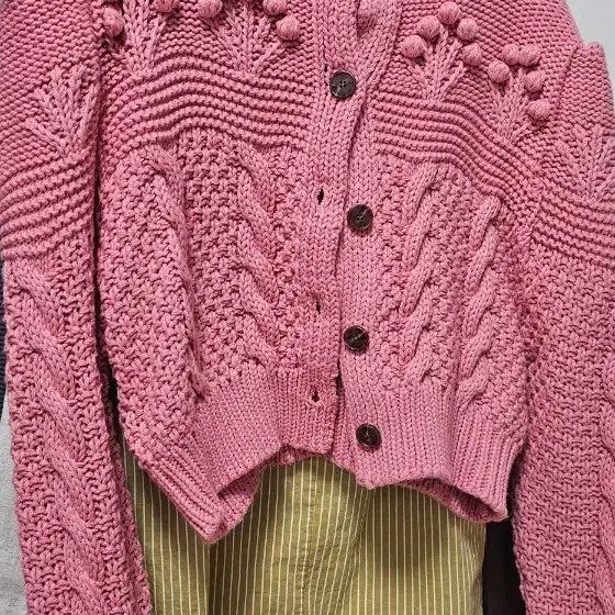 [BUNJANG] Pink Cable Knit Cardigan with Pom-Pom Detail / 핑크 꽈배기 니트 가디건