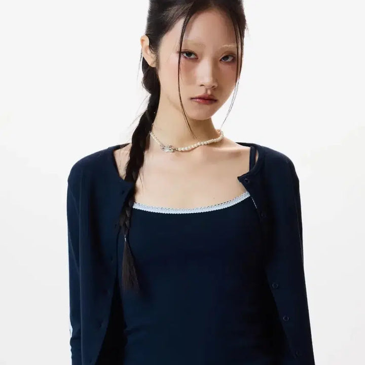 [BUNJANG] Love is True LVTR Frill Cardigan Sleeveless Set Navy / 러브이즈트루 LVTR FRILL 가디건 슬리브리스 세트 (네이비)