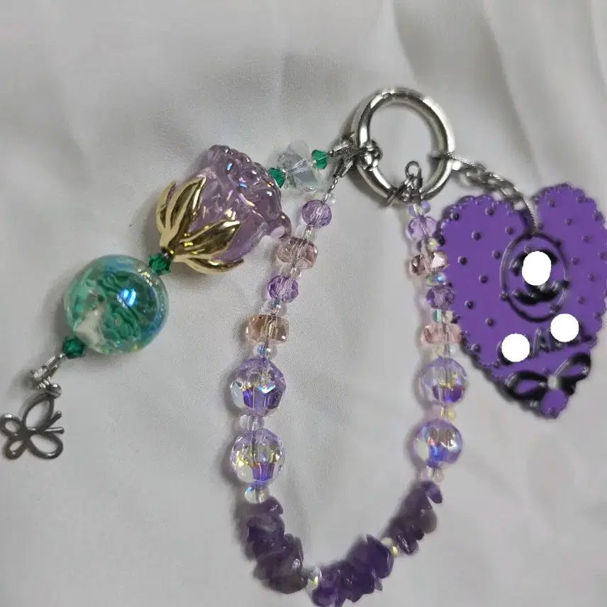 [BUNJANG] Handmade Natural Stone Keychain with Amethyst Chips and Luminous Rose Beads / 핸드메이드 원석 키링