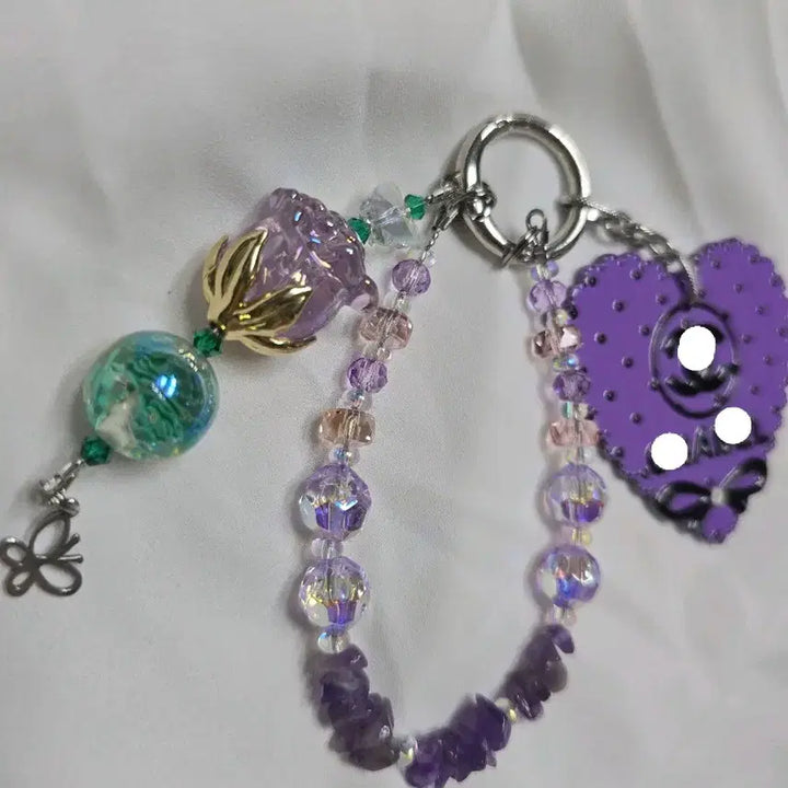 [BUNJANG] Handmade Natural Stone Keychain with Amethyst Chips and Luminous Rose Beads / 핸드메이드 원석 키링