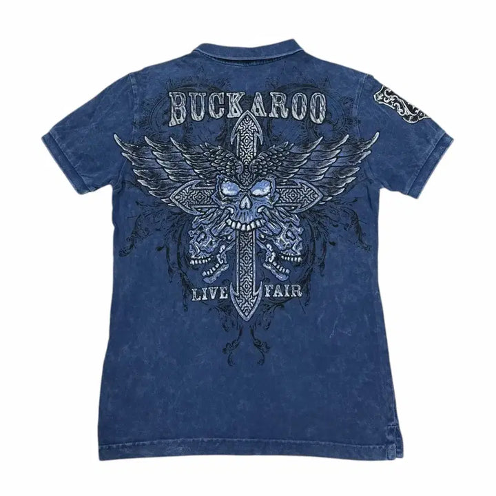 [BUNJANG] Bugru Y2K Oriental Skull Short Sleeve Polo Shirt Blue M / 버커루 빈티지 Y2K 오리엔탈 해골 스컬 PK 카라 반팔 블루 M