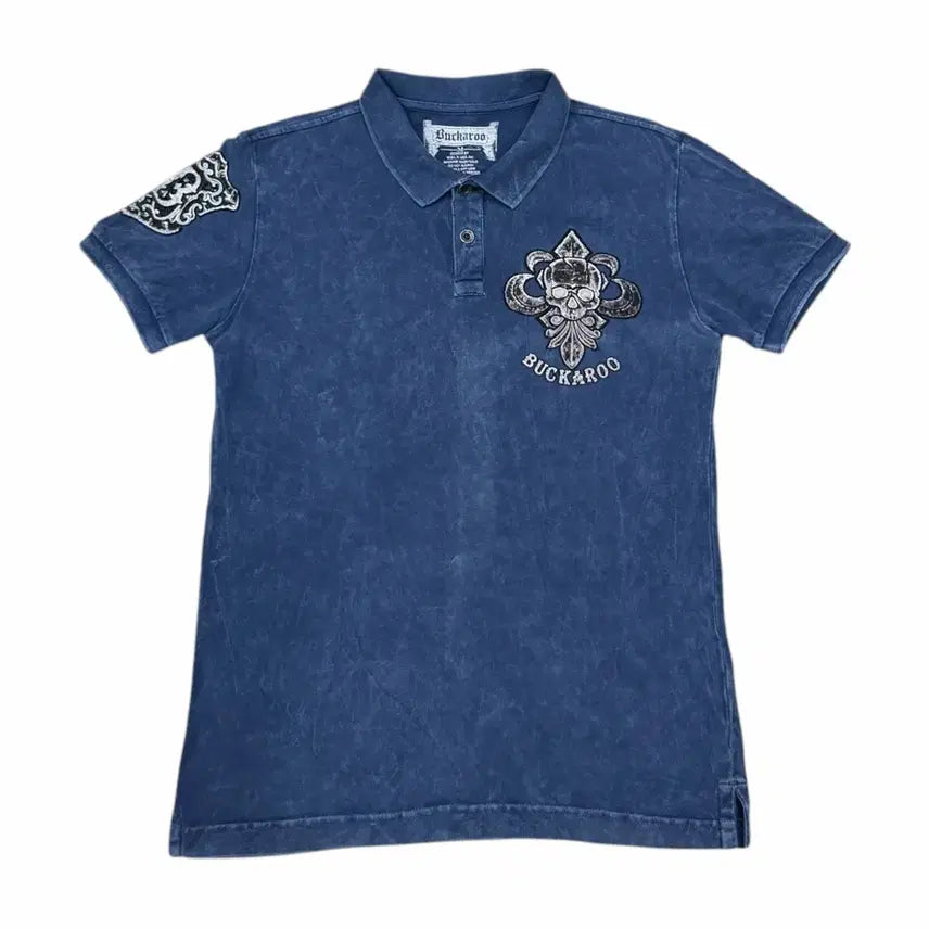[BUNJANG] Bugru Y2K Oriental Skull Short Sleeve Polo Shirt Blue M / 버커루 빈티지 Y2K 오리엔탈 해골 스컬 PK 카라 반팔 블루 M