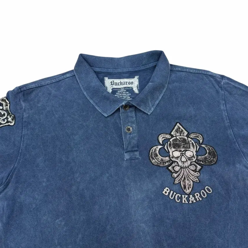 [BUNJANG] Bugru Y2K Oriental Skull Short Sleeve Polo Shirt Blue M / 버커루 빈티지 Y2K 오리엔탈 해골 스컬 PK 카라 반팔 블루 M