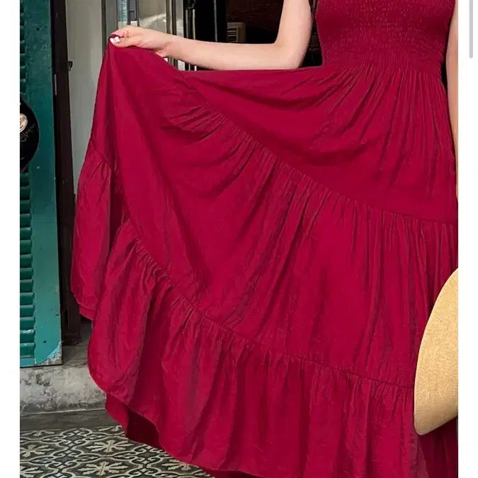 [BUNJANG] Wine Red Smocked Empire Waist Maxi Dress / 와인색 스모크 밴딩 롱 원피스 FREE