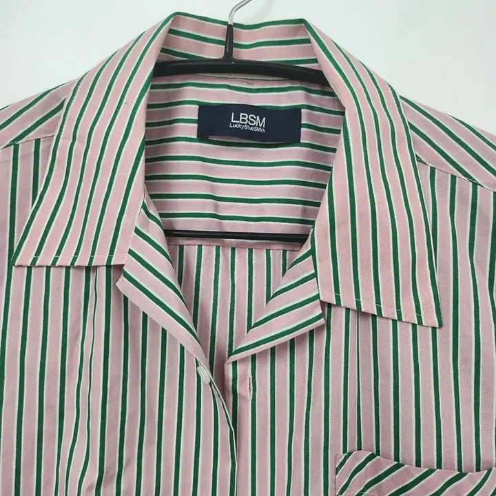 [BUNJANG] LBSM Pink Green Stripe Shirt / LBSM 핑크 그린 스트라이프 셔츠 100