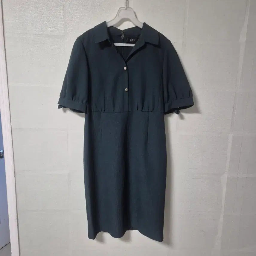 [BUNJANG] LINE Half-Sleeve Collar Midi Dress Dark Green / LINE 반팔 카라 원피스 다크그린