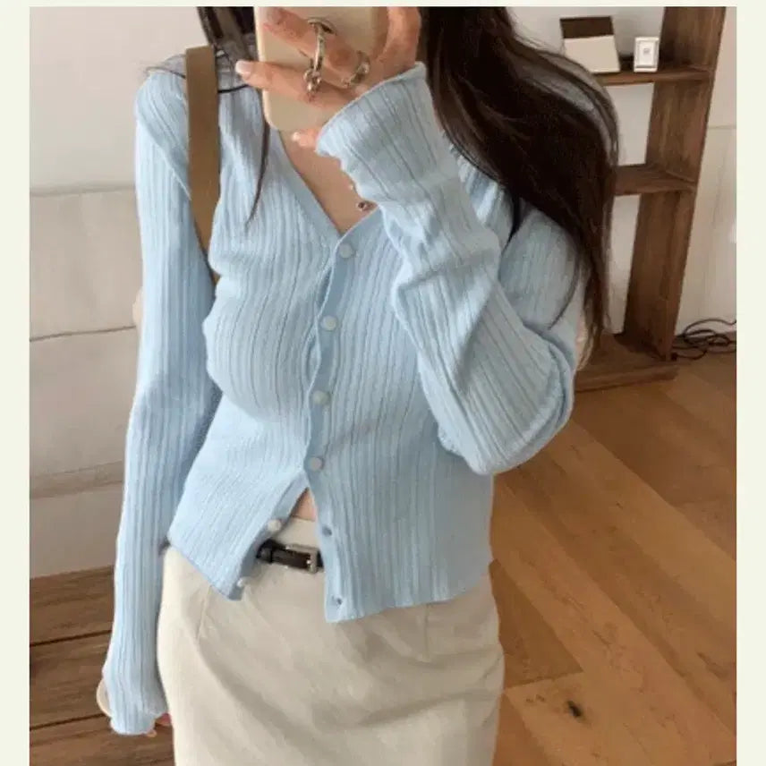 [BUNJANG] Ribbed V-Neck Cardigan - Light Blue / (새상품) 소라색 하늘색 골지 브이넥 가디건