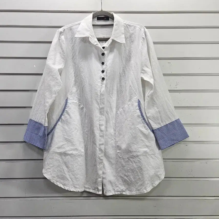 [BUNJANG] White Stripe Linen Blend Blouse / 화이트 스트라이프 포인트 마 여성남방/보물찾기천사