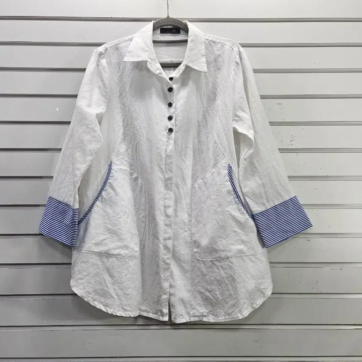 [BUNJANG] White Stripe Linen Blend Blouse / 화이트 스트라이프 포인트 마 여성남방/보물찾기천사