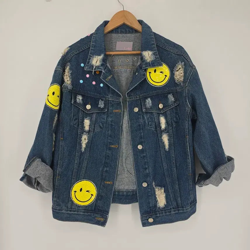 [BUNJANG] Lydia Smiley Face Denim Jacket / Lydia 스마일 데님 청자켓 데미지 스타일